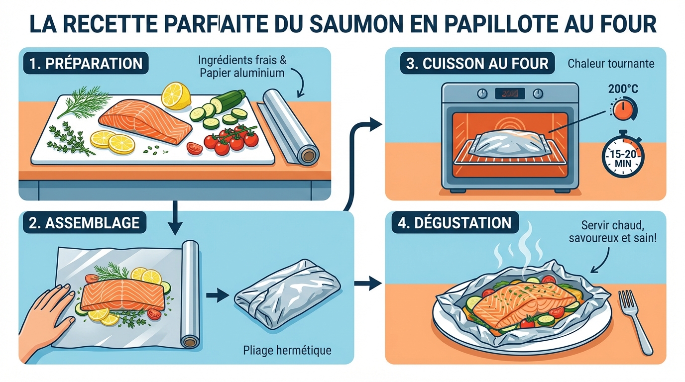 Schritte der Lachs-Zubereitung im Päckchen