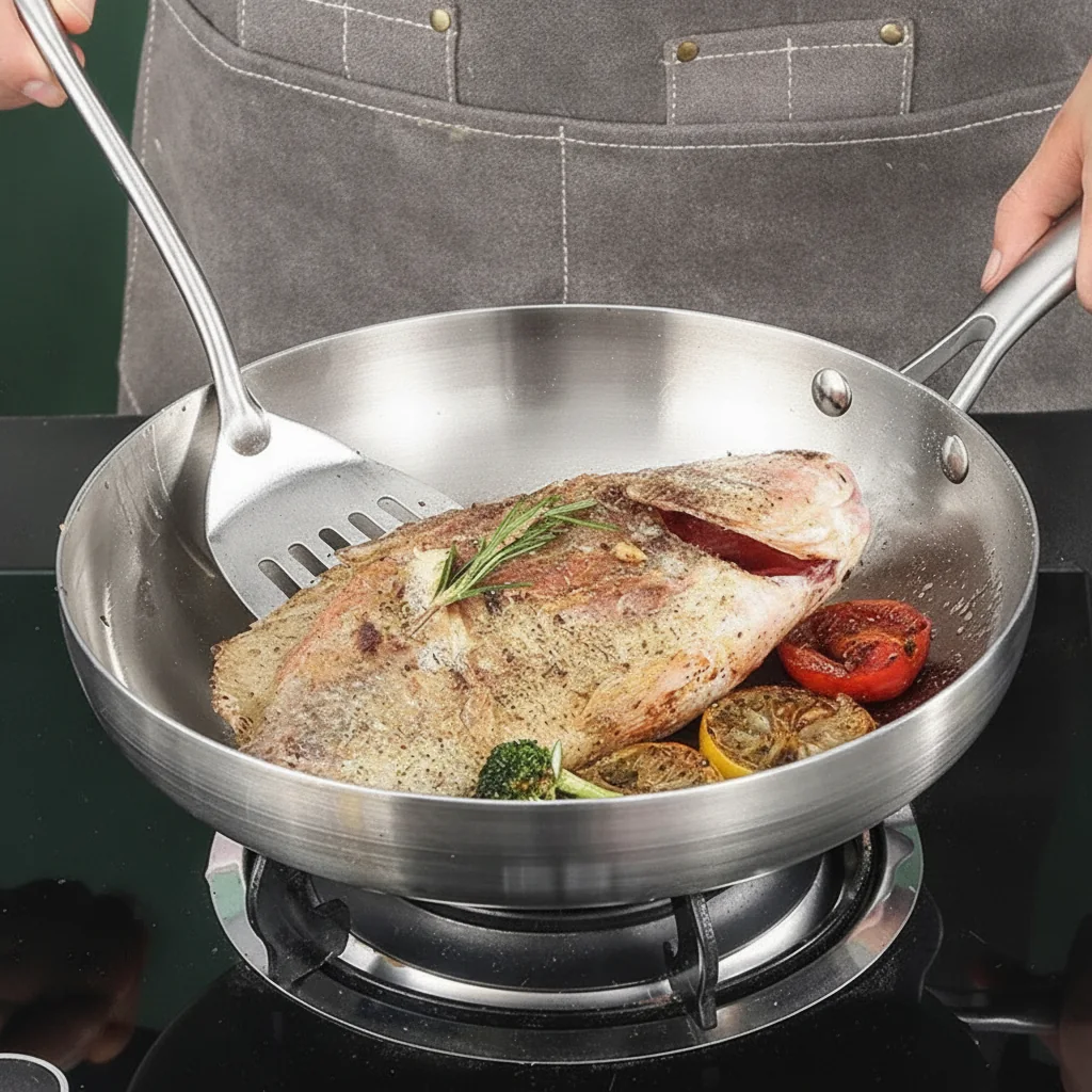 Unbeschichtete Bratpfanne aus 304-Edelstahl, Gas und Induktion 2 Pièce de viande saisie à la spatule dans la poêle en inox sur une plaque à gaz