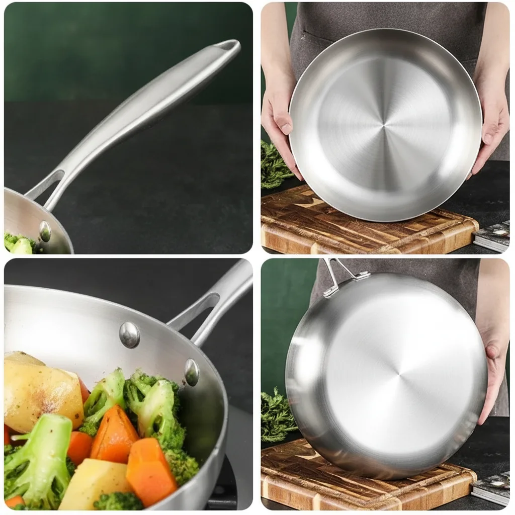 Unbeschichtete Bratpfanne aus 304-Edelstahl, Gas und Induktion 4 Détails de la poêle : poignée rivetée, fond lisse et bords renforcés