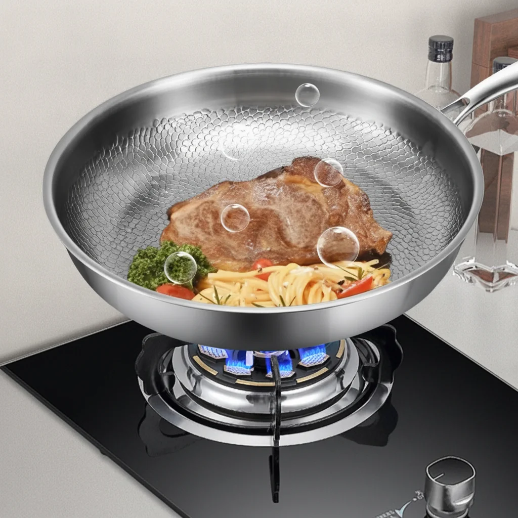 Tiefe Bratpfanne mit Deckel, antihaftbeschichtet, induktionsgeeignet 2 Poêle à frire martelée avec un steak et des pâtes sur une plaque à gaz