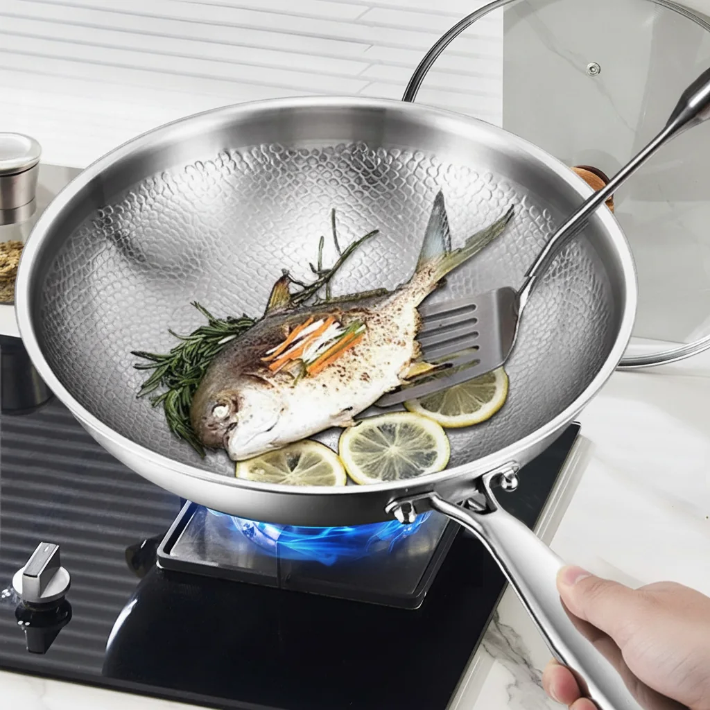 Tiefe Bratpfanne mit Deckel, antihaftbeschichtet, induktionsgeeignet 3 Poisson et citron cuits dans la poêle martelée avec une spatule