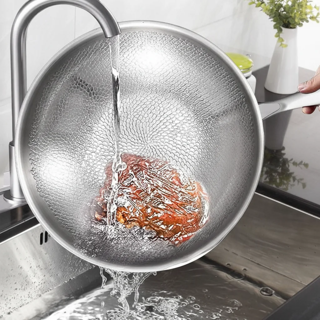 Tiefe Bratpfanne mit Deckel, antihaftbeschichtet, induktionsgeeignet 4 Rinçage de la poêle sous le robinet, nettoyage facile