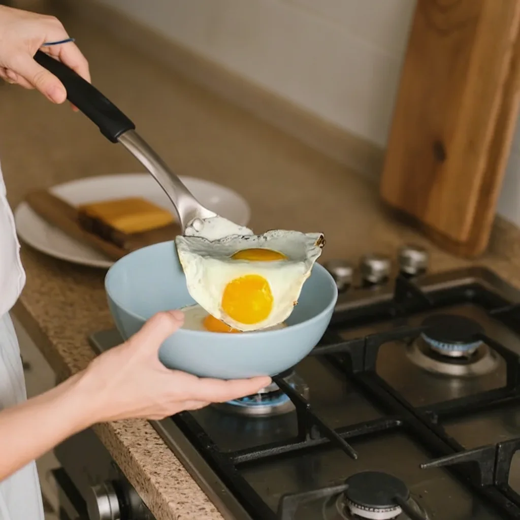 Tiefe Bratpfanne mit Deckel, antihaftbeschichtet, induktionsgeeignet 5 Œuf au plat glissé à la spatule dans un bol après cuisson à la poêle