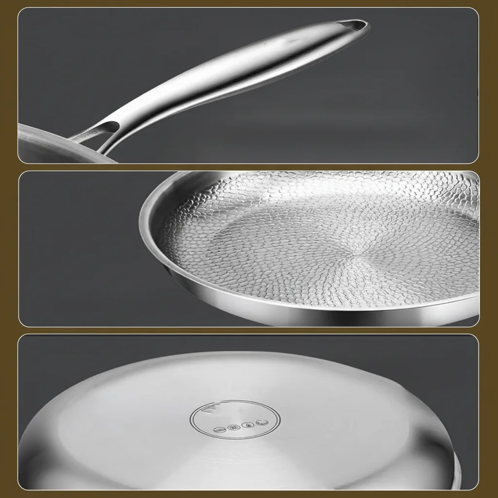 Tiefe Bratpfanne mit Deckel, antihaftbeschichtet, induktionsgeeignet 6 Détails de la poêle : poignée, intérieur martelé et fond compatible induction